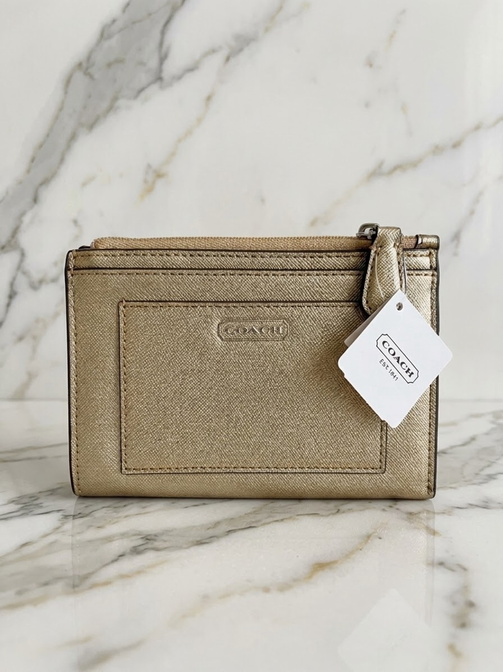 NWT Coach Gold Leather Keyring Coin Purse Card Wallet F50425